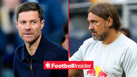 Chelsea manager Xabi Alonso watches on from the sidelines / Leeds United manager Daniel Farke sticks his thumb up on the touchline at Elland Road