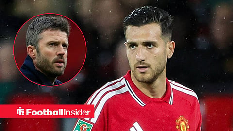 Diogo Dalot in action for Man United, with Michael Carrick in a circular inset
