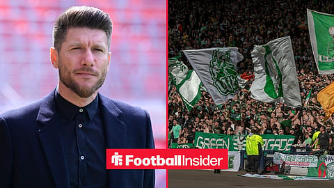 Scotland manager Sebastien Pocognoli stares across a split image towards Celtic fans, who wave flags in the stands.