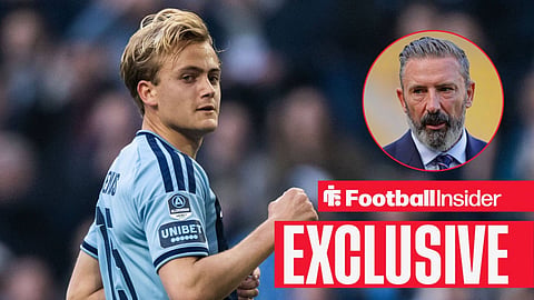 Football Insider exclusive as Djurgarden winger Oskar Fallenius is in action, while Rangers manager Derek McInnes watches from a circular inset.