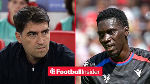 Andoni Iraola on the sidelines at Liverpool, with Ismaila Sarr in action for Crystal Palace