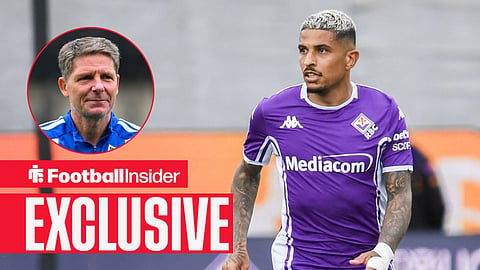 Football Insider exclusive as Fiorentina defender Dodo is in action, while Nottingham Forest boss Oliver Glasner watches from a circular inset.