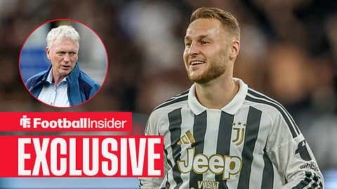 Football Insider exclusive as Juventus midfielder Teun Koopmeiners smiles towards Everton manager David Moyes, who watches from a circular inset.