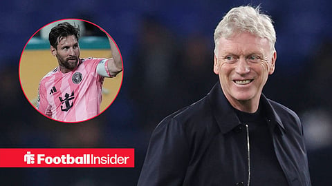 Everton manager David Moyes smiles at the Hill Dickinson Stadium / Lionel Messi of Inter Miami FC celebrates his team goal during the FIFA Club World Cup 2025 group A match between Inter Miami FC and Palmeiras at Hard Rock Stadium on June 23, 2025