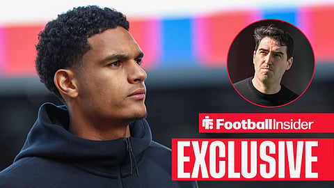 Football Insider exclusive as Jarell Quansah stares towards Liverpool manager Andoni Iraola, who watches from a circular inset.