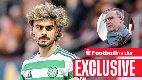 Football Insider exclusive as Celtic forward Jota stares towards manager Martin O'Neill, who watches from a circular inset.