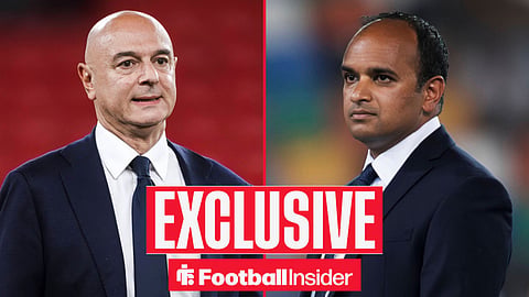 Football Insider exclusive as Daniel Levy stares across a split image towards Tottenham chief executive Vinai Venkatesham.