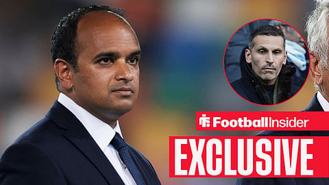 Football Insider exclusive as Tottenham chief executive Vinai Venkatesham stares towards Manchester City chairman Khaldoon Al Mubarak, who watches from a circular inset.