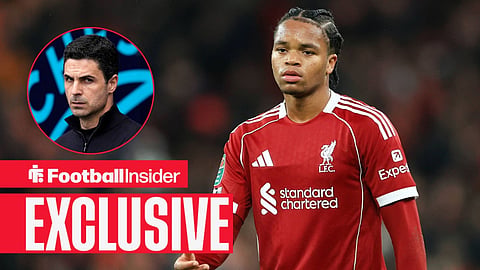 Football Insider exclusive as Liverpool winger Rio Ngumoha is in action, while Arsenal manager Mikel Arteta watches from a circular inset.