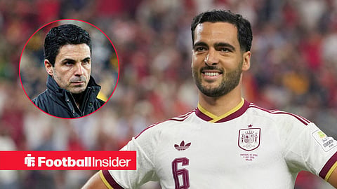 Mikel Merino in action for Spain with Mikel Arteta on sideline left inset