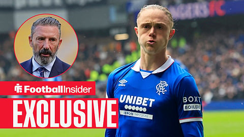 Football Insider exclusive as Rangers forward Thelo Aasgaard is in action, while manager Derek McInnes watches from a circular inset.