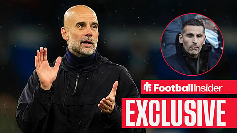 Football Insider exclusive as Pep Guardiola applauds, while Manchester City chairman Khaldoon Al Mubarak watches from a circular inset.