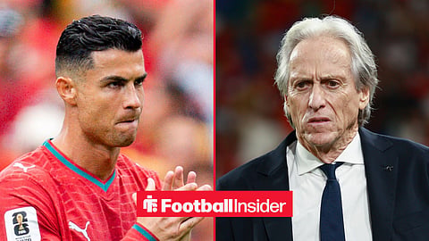 Cristiano Ronaldo in action for Portugal, with Jorge Jesus on the sidelines