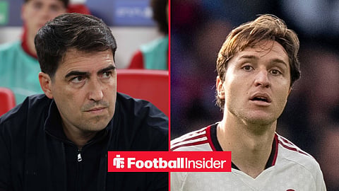 Andoni Iraola on the sidelines at Liverpool, with Federico Chiesa in action