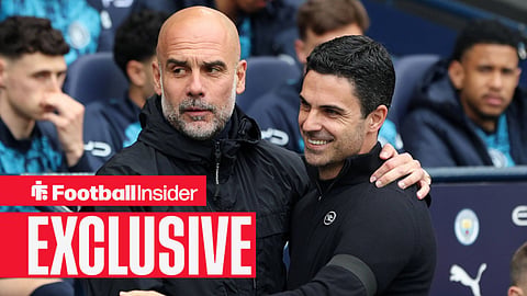Ex-Man City manager Pep Guardiola hugs Arsenal manager Mikel Arteta
