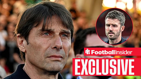 Antonio Conte looking ahead as Napoli manager with Michael Carrick looking worried in circular inset