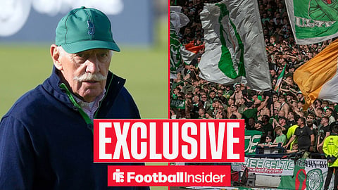 Football Insider exclusive as Celtic owner Dermot Desmond stares across a split image towards the fans.