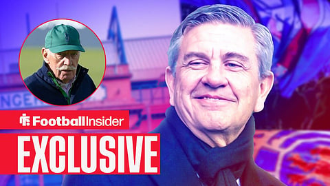 Football Insider exclusive as Rangers owner Andrew Cavenagh smiles towards Celtic owner Dermot Desmond, who watches from a circular inset.