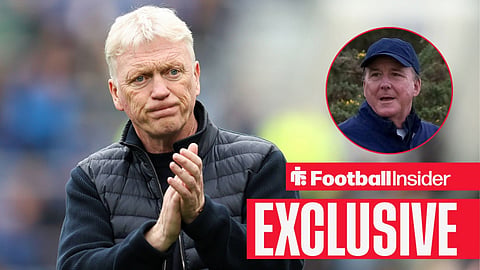 Football Insider exclusive as Everton manager David Moyes applauds, while owner Dan Friedkin watches from a circular inset.