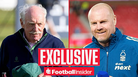 Football Insider exclusive as Celtic owner Dermot Desmond stares across a split image towards Sean Dyche.