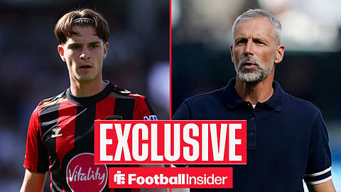 Football Insider exclusive as Bournemouth midfielder Alex Scott stares across a split image towards manager Marco Rose.