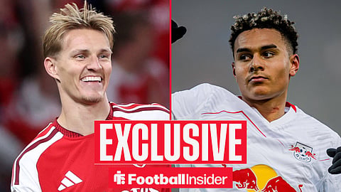 Arsenal midfielder Martin Odegaard with RB Leipzig winger Antonio Nusa inset