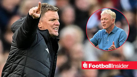 Newcastle United manager Eddie Howe barking orders from the touchline at St James' Park / David Moyes Manager of Everton during the Spurs vs Everton final match of the 2025/26 Premier League season