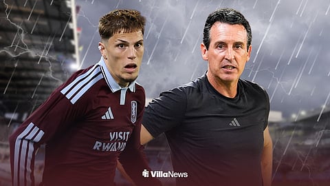 Alejandro Garnacho and Unai Emery standing on the Villa Park pitch, surrounded by lightning and rain