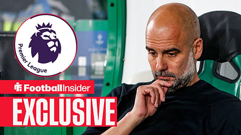Former Manchester City manager Pep Guardiola thinking in the dugout / Premier League badge