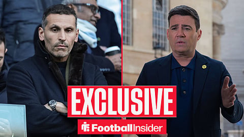 Football Insider exclusive as Manchester City chairman Khaldoon Al Mubarak stares across a split image towards UK Prime Minister Andy Burnham.