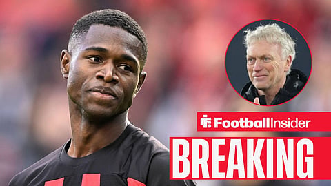 Christian Kofane in action for Bayer Leverkusen, with David Moyes in a circular inset