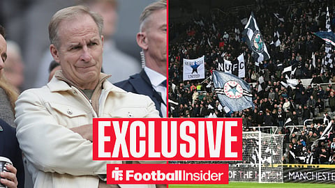 Football Insider exclusive as Newcastle chief executive David Hopkinson stares across a split image towards the fans.