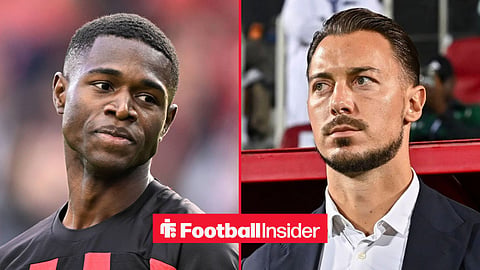 Christian Kofane in action for Bayer Leverkusen, with Matthias Jaissle on the sidelines at Man United