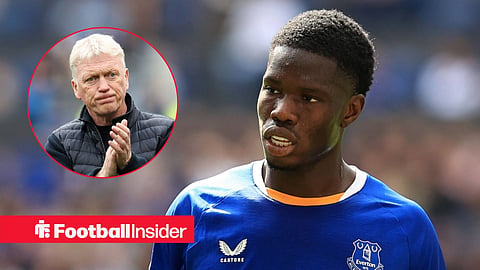 Everton striker Thierno Barry stares towards manager David Moyes, who applauds in a circular inset.