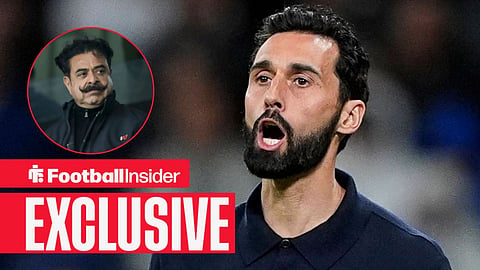 Football Insider exclusive as Fulham manager Alvaro Arbeloa stares towards owner Shahid Khan, who watches from a circular inset.