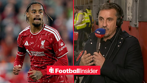 Bradley Barcola in action for Liverpool on the left with Gary Neville speaking on Sky Sports on the right