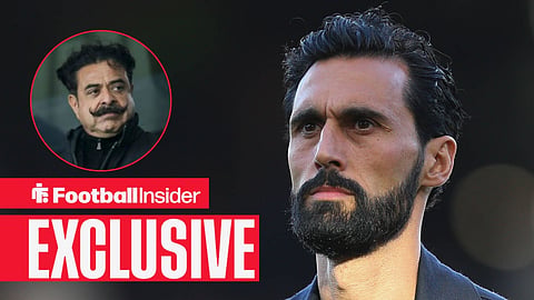 Football Insider exclusive as Fulham manager Alvaro Arbeloa stares towards owner Shahid Khan, who watches from a circular inset.
