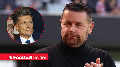 Pierre Sage on the sidelines at Crystal Palace, with Steve Parish in a circular inset