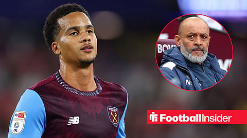 Divine Mukasa of West Ham United during the West Ham United vs Wrexham Sky Bet Championship match at the London Stadium, London / West Ham United manager Nuno Espirito Santo sat in the dugout