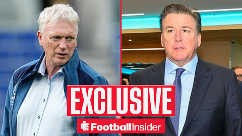 Football Insider exclusive as Everton manager David Moyes stares across a split image towards owner Dan Friedkin.