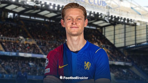 Barcelona midfielder Frenkie de Jong stands at Stamford Bridge, wearing a half Chelsea and half Barcelona shirt.