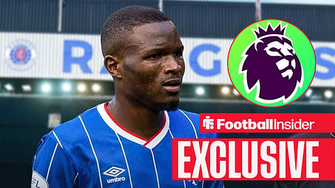 Football Insider exclusive as Rangers defender Olwethu Makhanya stares towards the Premier League logo, which features in a circular inset.