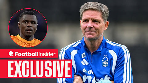 Football Insider exclusive as Nottingham Forest manager Oliver Glasner stares towards defender Ousmane Diomande, who is in action in a circular inset.