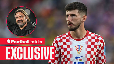 Football Insider exclusive as Petar Sucic is in action for Croatia, while Leeds manager Daniel Farke smiles in a circular inset.