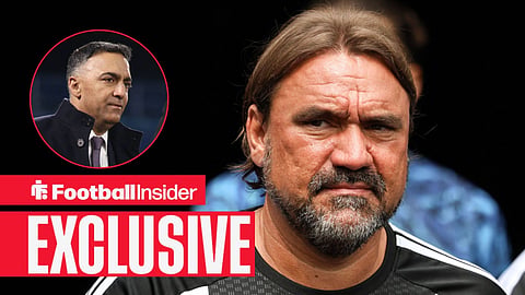 Football Insider exclusive as Leeds manager Daniel Farke stares towards chairman Paraag Marathe, who watches from a circular inset.