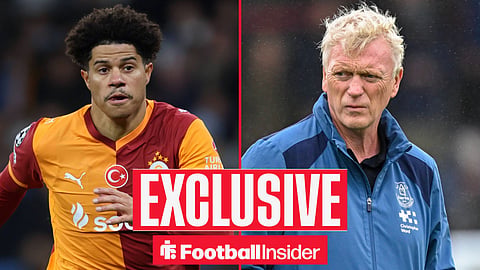 Football Insider exclusive as Galatasaray midfielder Gabriel Sara is in action, while Everton manager David Moyes watches from the other side of a split image.