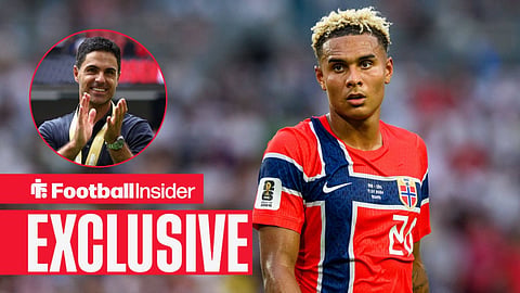 Football Insider exclusive as Antonio Nusa is in action for Norway, while Arsenal manager Mikel Arteta applauds in a circular inset.