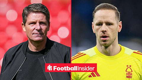 Oliver Glasner on the sidelines, with Matz Sels in action for Nottingham Forest