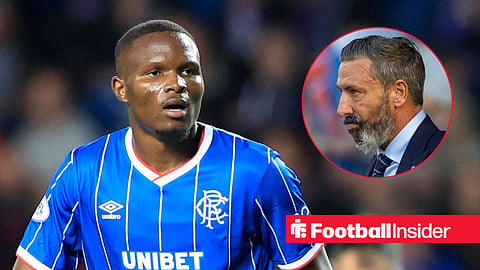 Olwethu Makhanya in action for Rangers, with Derek McInnes in a circular inset