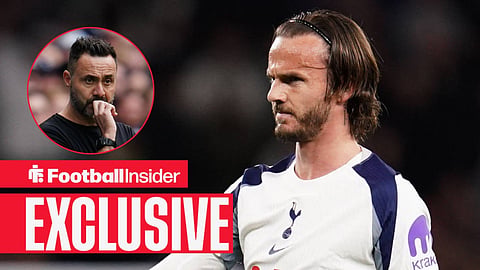 James Maddison in action for Tottenham and Roberto De Zerbi in circular inset